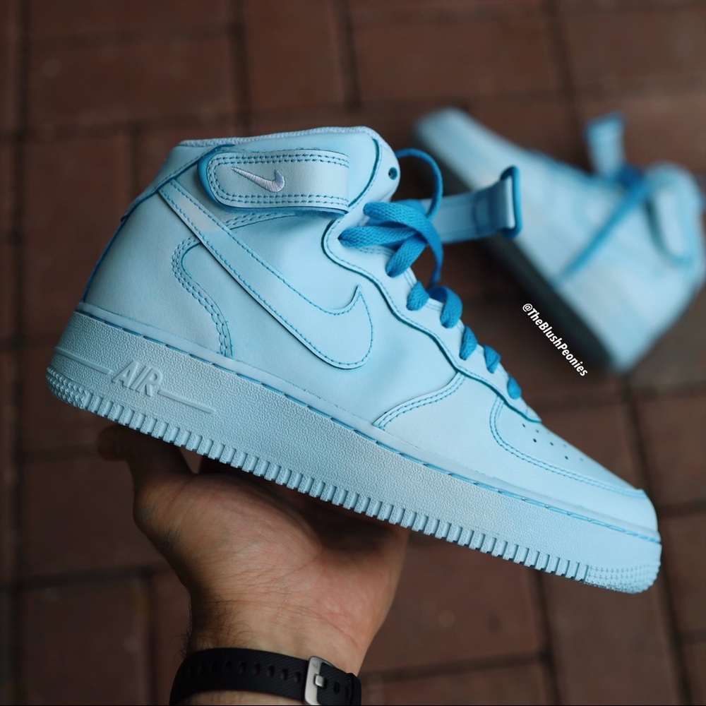 Nike Air Force 1 Mid Custom Light Blue Dip Dyed Sneakers For MEN - Picture 1 of 10